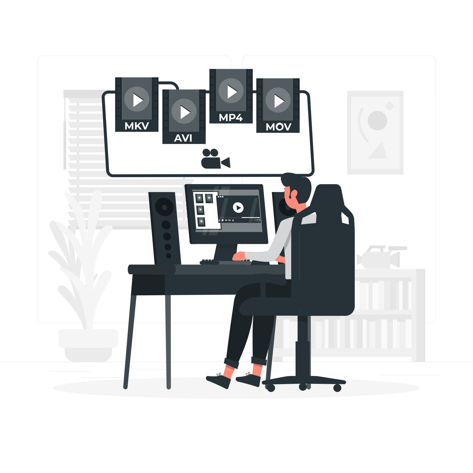 An illustration of a person sitting at a desk video animation on a computer. Above the computer, icons of different video file formats like MKV, AVI, MP4, and MOV are displayed, representing video editing or file conversion. The room has a window with blinds, a potted plant, and a shelf with books and a teapot in the background. An illustration of a person sitting at a desk video animation on a computer. Above the computer, icons of different video file formats like MKV, AVI, MP4, and MOV are displayed, representing video editing or file conversion. The room has a window with blinds, a potted plant, and a shelf with books and a teapot in the background.