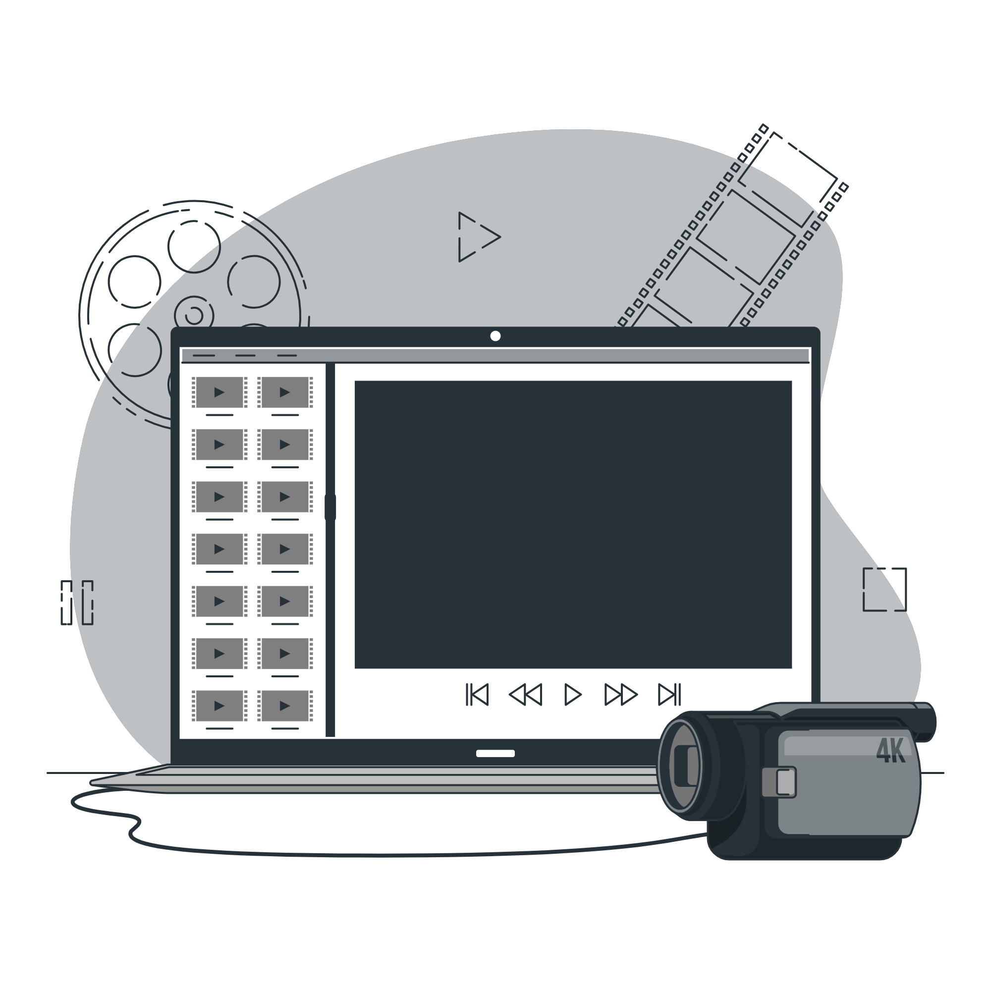 An illustration of a laptop displaying a video editing software interface, with multiple video clips listed on the left and a large preview window in the center. Playback controls are shown below the preview. A 4K video camera is placed in front of the laptop, and film reels and strips are illustrated in the background, symbolizing video production and editing. An illustration of a laptop displaying a video editing software interface, with multiple video clips listed on the left and a large preview window in the center. Playback controls are shown below the preview. A 4K video camera is placed in front of the laptop, and film reels and strips are illustrated in the background, symbolizing video production and editing.