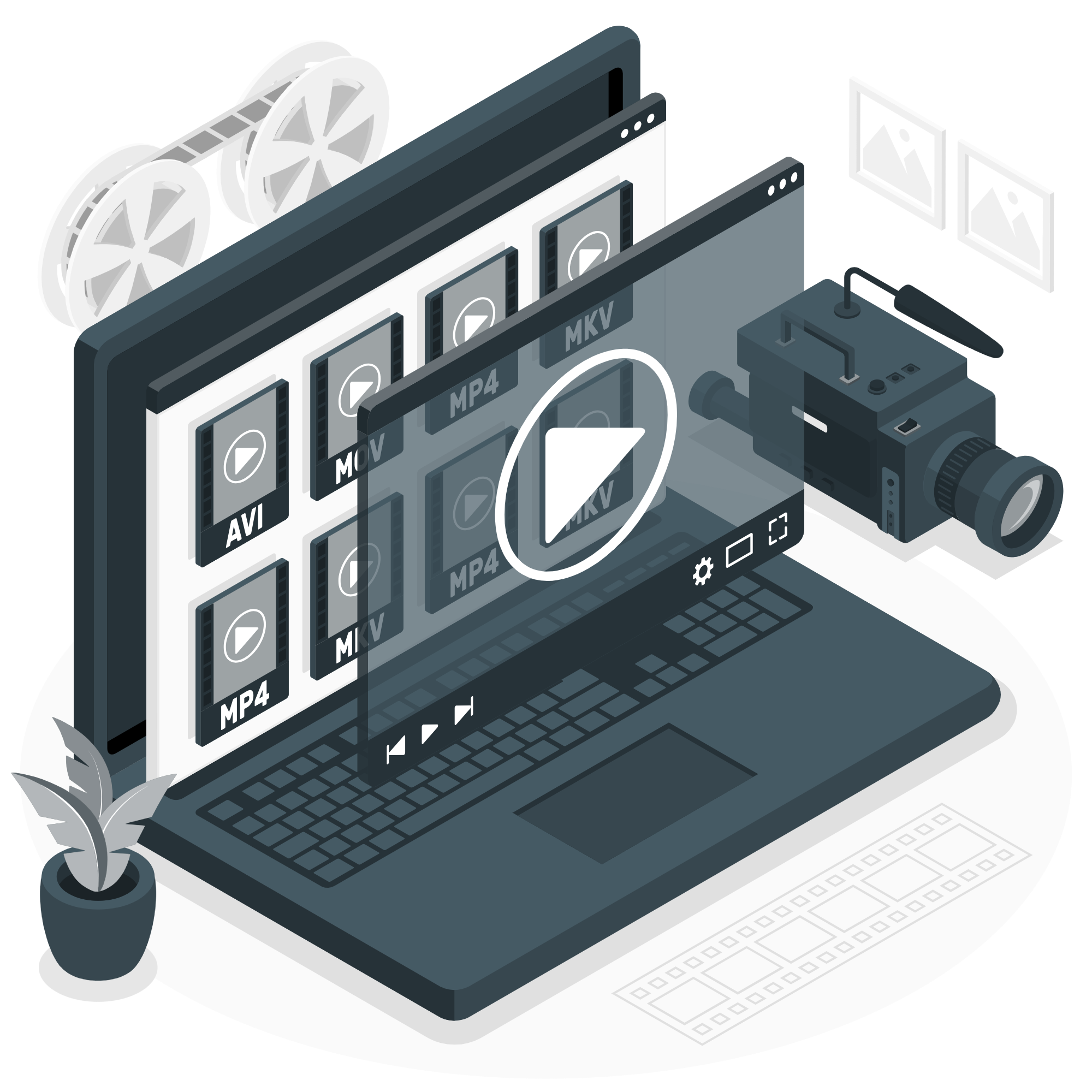 An illustration of a laptop running video editing software, displaying various video file formats like AVI, MP4, MOV, and MKV. A large play button overlays the screen, representing video playback. A vintage film camera and film reels are shown in the background, symbolizing video production. A small potted plant and a keyboard are placed nearby, completing the creative workspace setup. An illustration of a laptop running video editing software, displaying various video file formats like AVI, MP4, MOV, and MKV. A large play button overlays the screen, representing video playback. A vintage film camera and film reels are shown in the background, symbolizing video production. A small potted plant and a keyboard are placed nearby, completing the creative workspace setup.