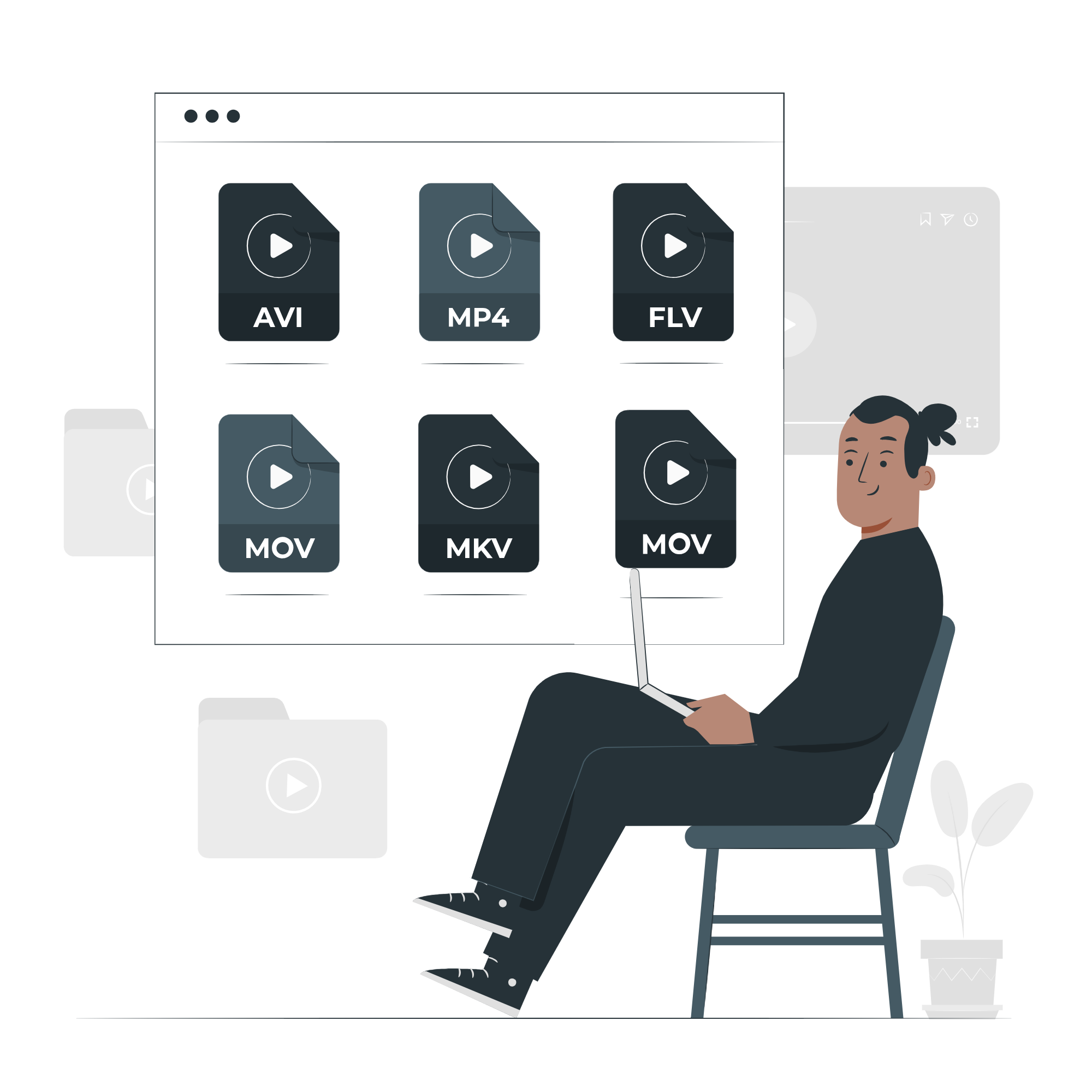 An illustration of a person sitting on a chair with a laptop, surrounded by large icons representing different video file formats like AVI, MP4, FLV, MOV, and MKV. The background includes floating file folders and a small potted plant, symbolizing video management or content creation. An illustration of a person sitting on a chair with a laptop, surrounded by large icons representing different video file formats like AVI, MP4, FLV, MOV, and MKV. The background includes floating file folders and a small potted plant, symbolizing video management or content creation.