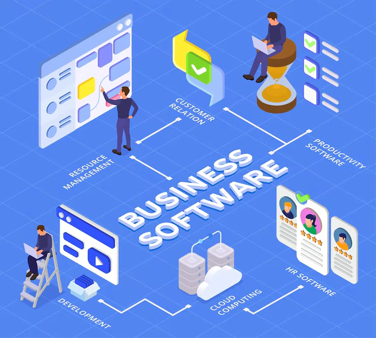 Isometric illustration of business software development, showing cloud computing, resource management, and customer relationship processes. It includes digital elements like servers, data charts, and interconnected systems, representing modern technology and workflow automation. Isometric illustration of business software development, showing cloud computing, resource management, and customer relationship processes. It includes digital elements like servers, data charts, and interconnected systems, representing modern technology and workflow automation.