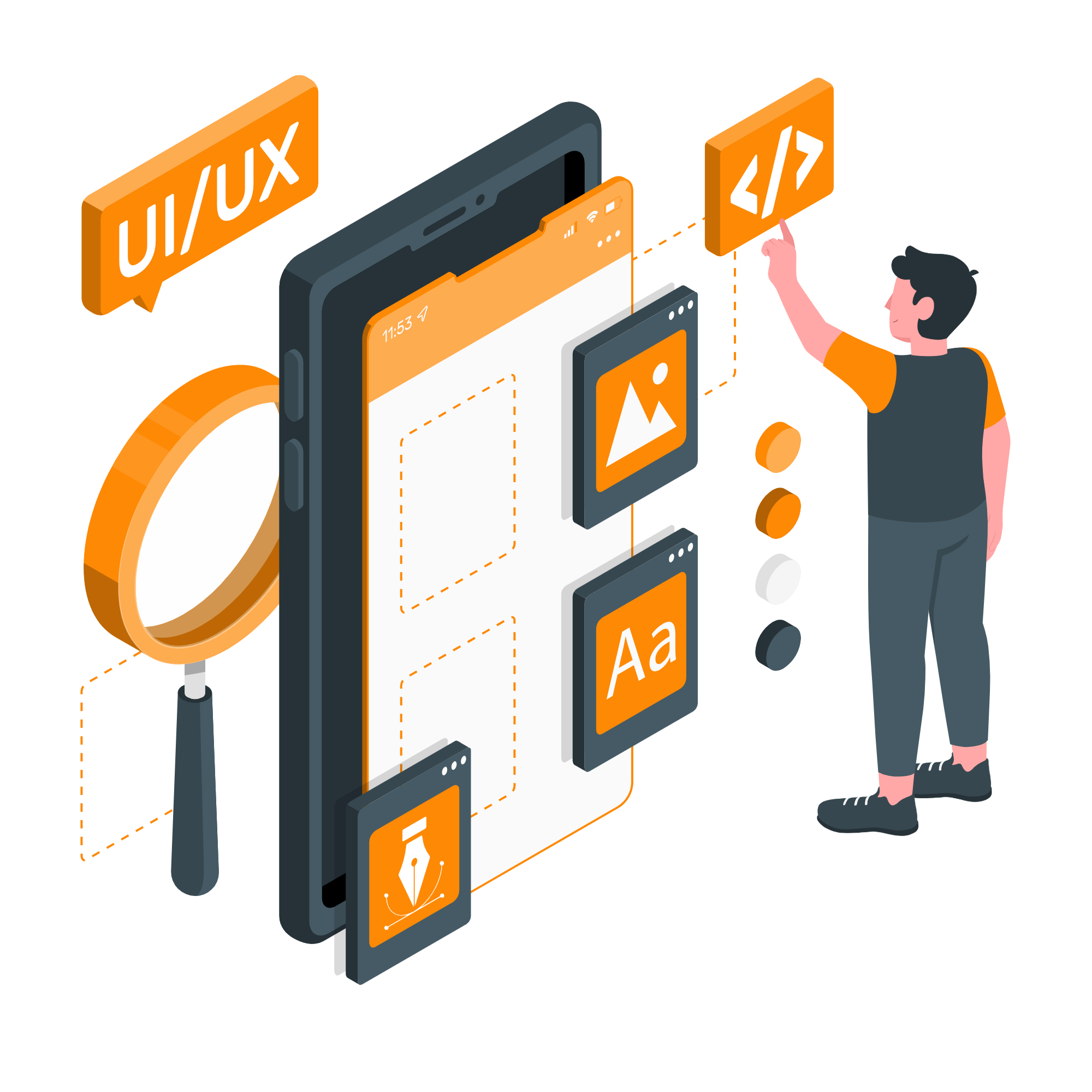 Mobile app development in the USA with a focus on UI/UX design, coding, and user interface elements, represented by a developer working on app components. Mobile app development in the USA with a focus on UI/UX design, coding, and user interface elements, represented by a developer working on app components.