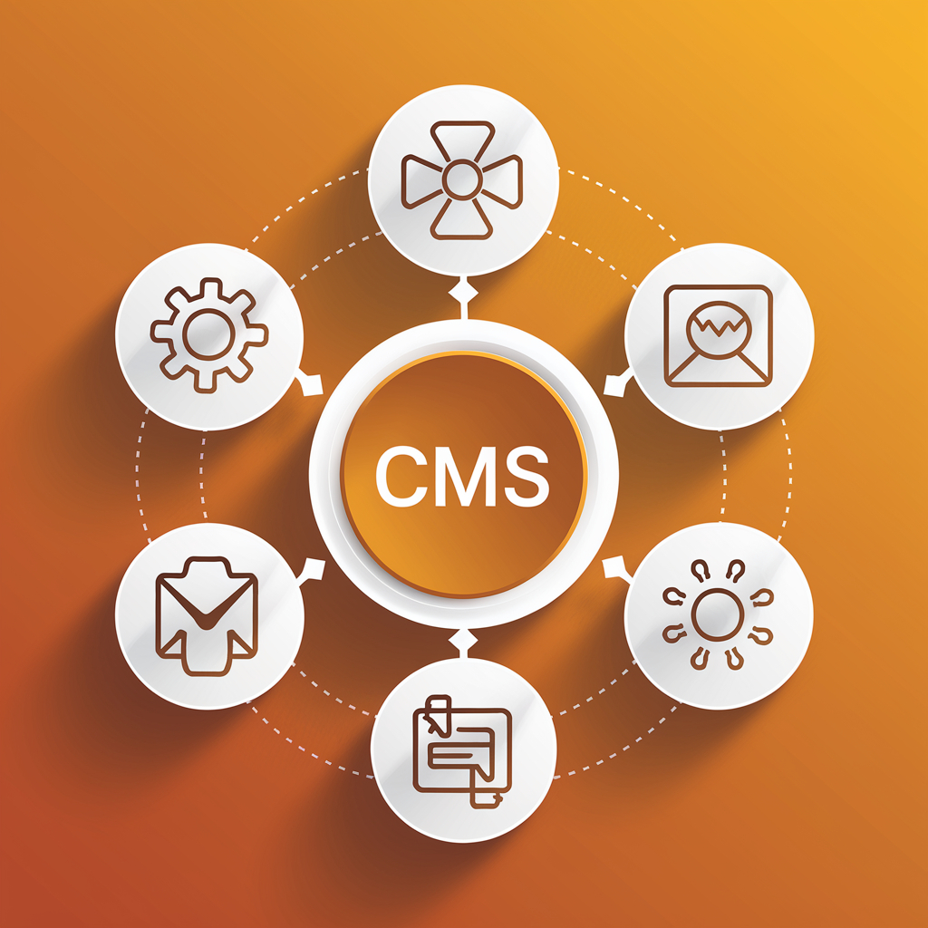 A CMS (Content Management System) icon in the center, surrounded by interconnected symbols representing various digital tools and functionalities on an orange gradient background. A CMS (Content Management System) icon in the center, surrounded by interconnected symbols representing various digital tools and functionalities on an orange gradient background.