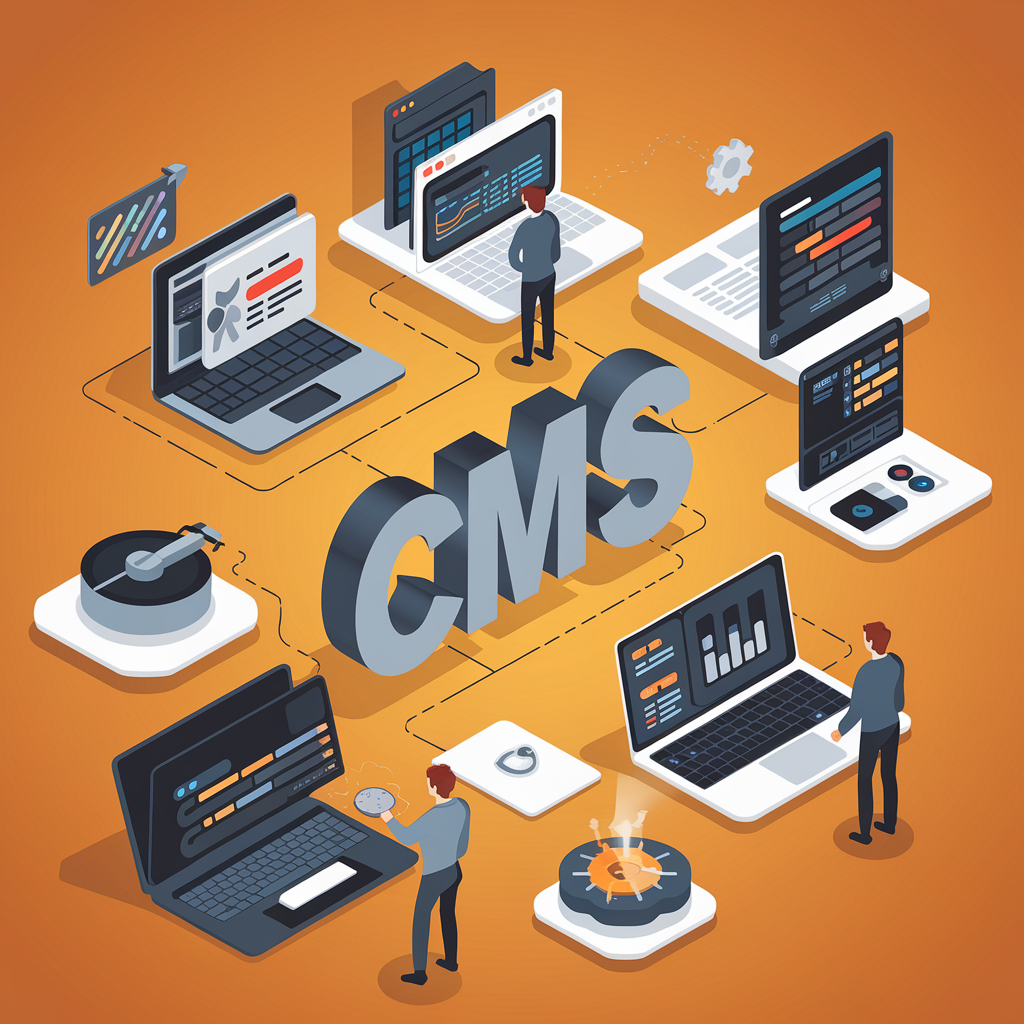 An isometric illustration of a CMS (Content Management System) concept, featuring multiple laptops, digital tools, and professionals working on website development and content management, all interconnected on an orange background. An isometric illustration of a CMS (Content Management System) concept, featuring multiple laptops, digital tools, and professionals working on website development and content management, all interconnected on an orange background.