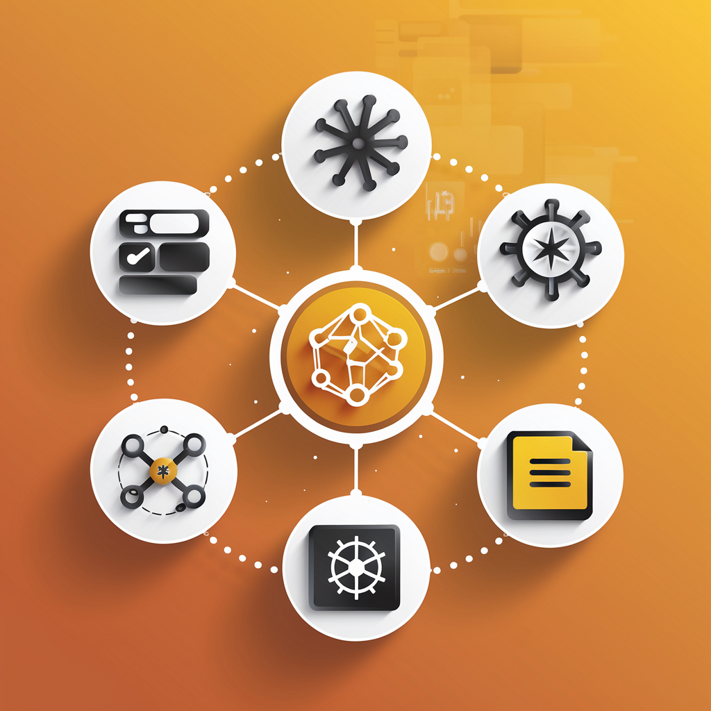 A futuristic, abstract illustration of a networked digital system, featuring interconnected icons representing data management, automation, and content organization on an orange background. A futuristic, abstract illustration of a networked digital system, featuring interconnected icons representing data management, automation, and content organization on an orange background.
