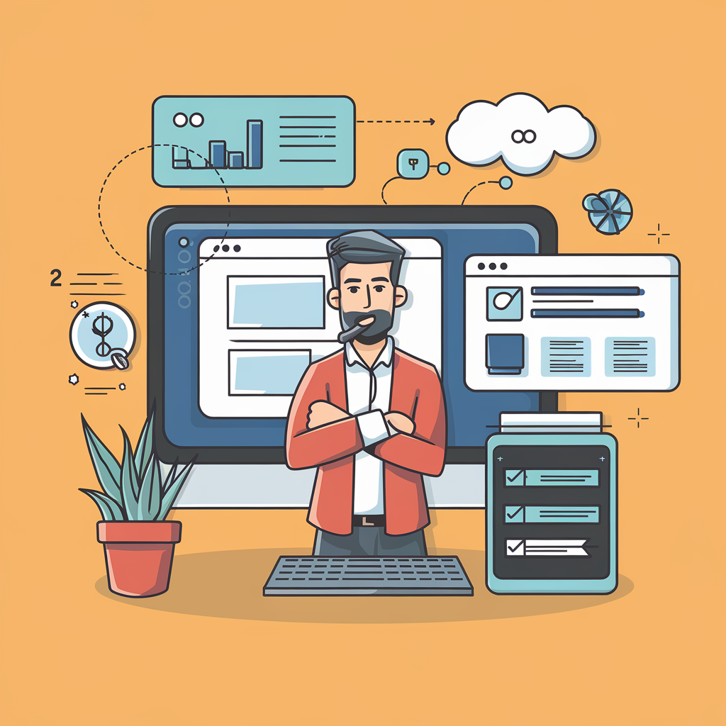 Illustration of a bearded man in a red jacket standing confidently with crossed arms in front of a computer screen, surrounded by digital elements like charts, graphs, cloud storage, a checklist, and financial icons. The scene represents digital marketing, business analytics, or project management in a modern, tech-driven environment. Illustration of a bearded man in a red jacket standing confidently with crossed arms in front of a computer screen, surrounded by digital elements like charts, graphs, cloud storage, a checklist, and financial icons. The scene represents digital marketing, business analytics, or project management in a modern, tech-driven environment.