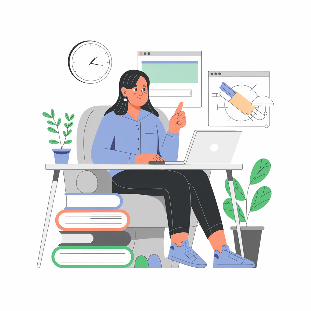 Illustration of a woman sitting at a desk with a laptop, wearing a blue shirt and black pants, pointing upwards as if sharing an idea. Surrounding her are digital interface elements, books stacked beside her chair, a clock on the wall, and potted plants, representing online learning, remote work, or digital creativity. Illustration of a woman sitting at a desk with a laptop, wearing a blue shirt and black pants, pointing upwards as if sharing an idea. Surrounding her are digital interface elements, books stacked beside her chair, a clock on the wall, and potted plants, representing online learning, remote work, or digital creativity.